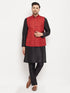 Vastramay Men's Maroon Matka Silk Nehru Jacket With Black Silk Blend Kurta and Pant style Pyjama Set